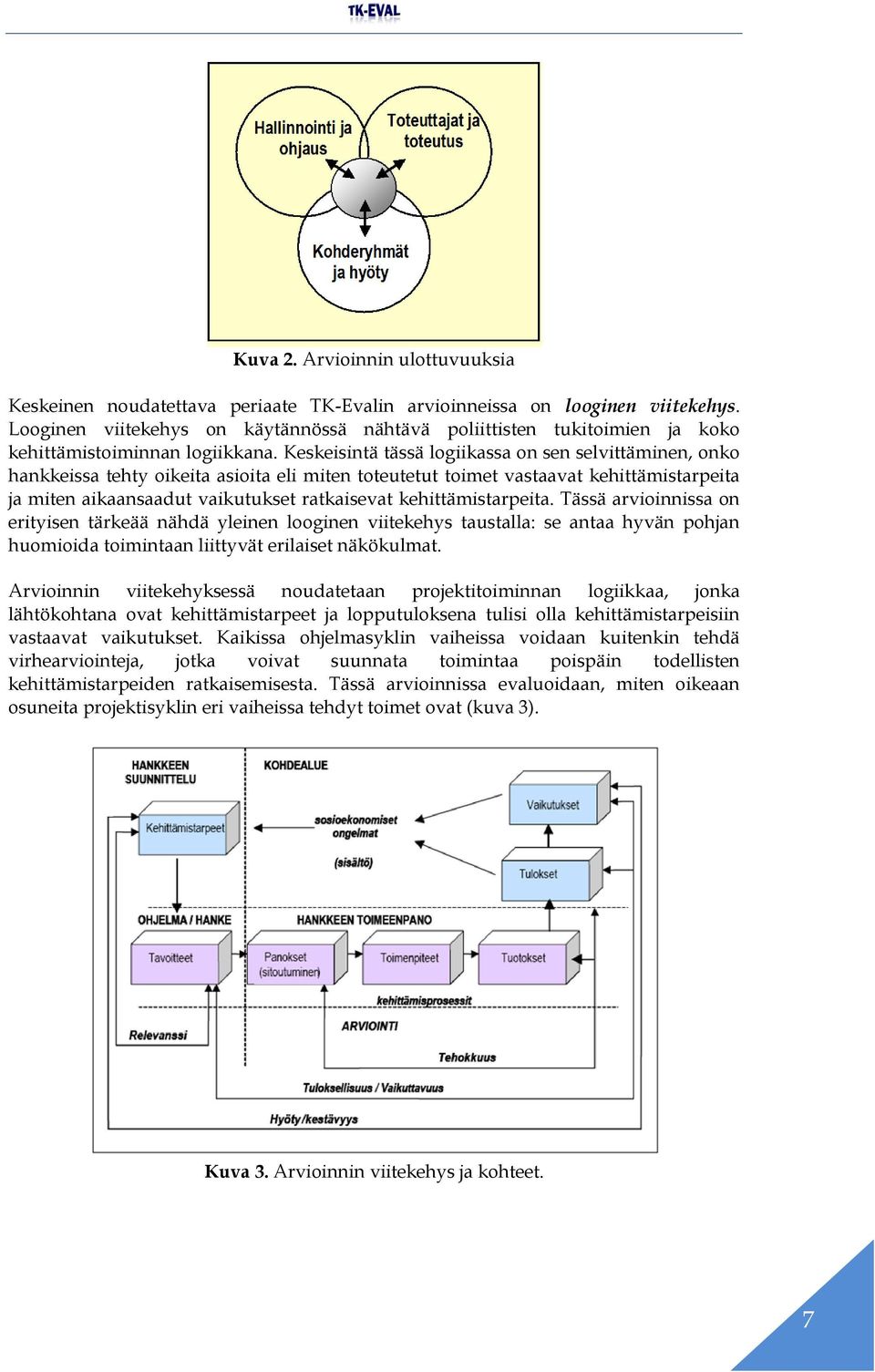 Keskeisintä tässä logiikassa on sen selvittäminen, onko hankkeissa tehty oikeita asioita eli miten toteutetut toimet vastaavat kehittämistarpeita ja miten aikaansaadut vaikutukset ratkaisevat