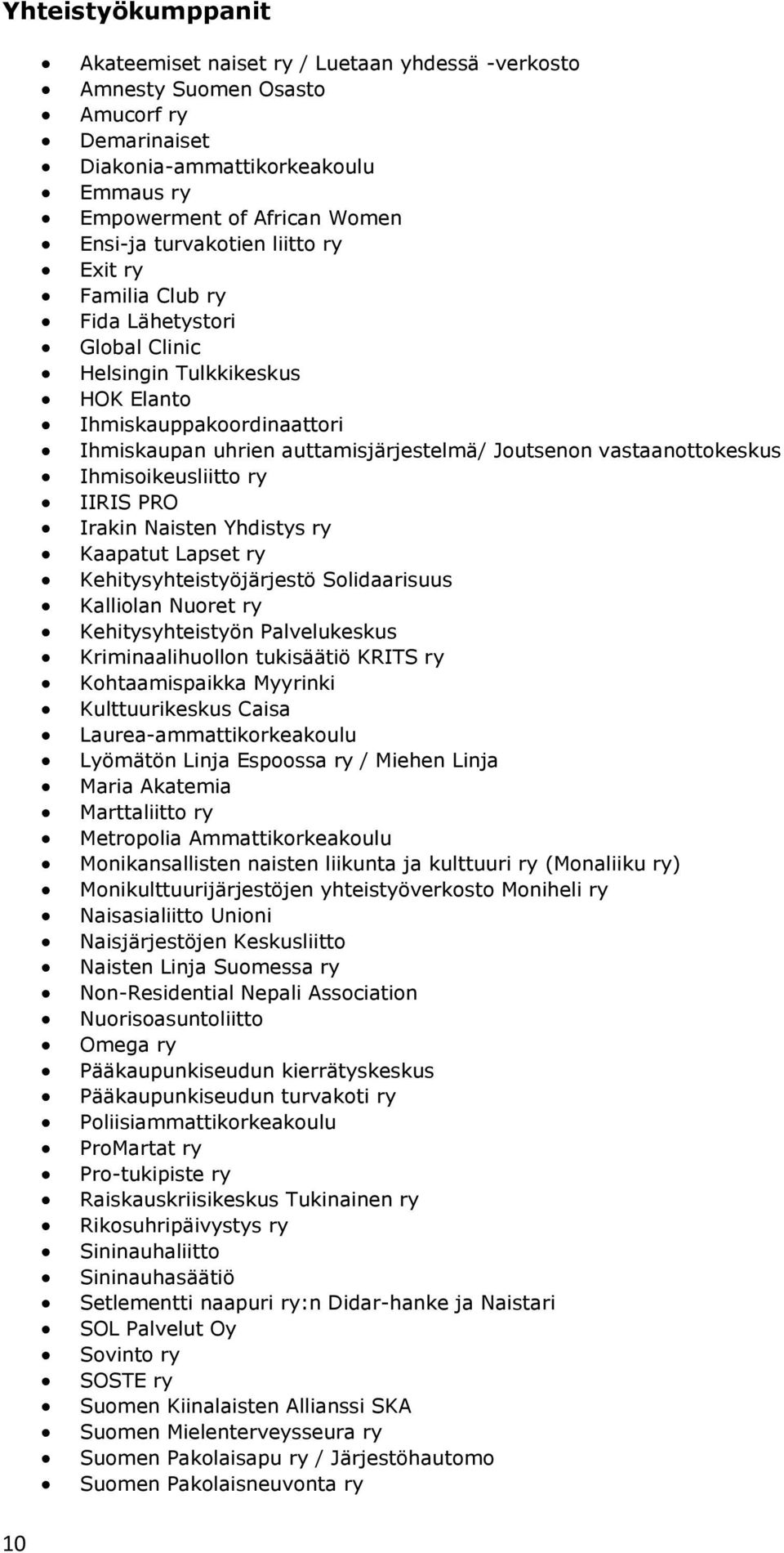 vastaanottokeskus Ihmisoikeusliitto ry IIRIS PRO Irakin Naisten Yhdistys ry Kaapatut Lapset ry Kehitysyhteistyöjärjestö Solidaarisuus Kalliolan Nuoret ry Kehitysyhteistyön Palvelukeskus