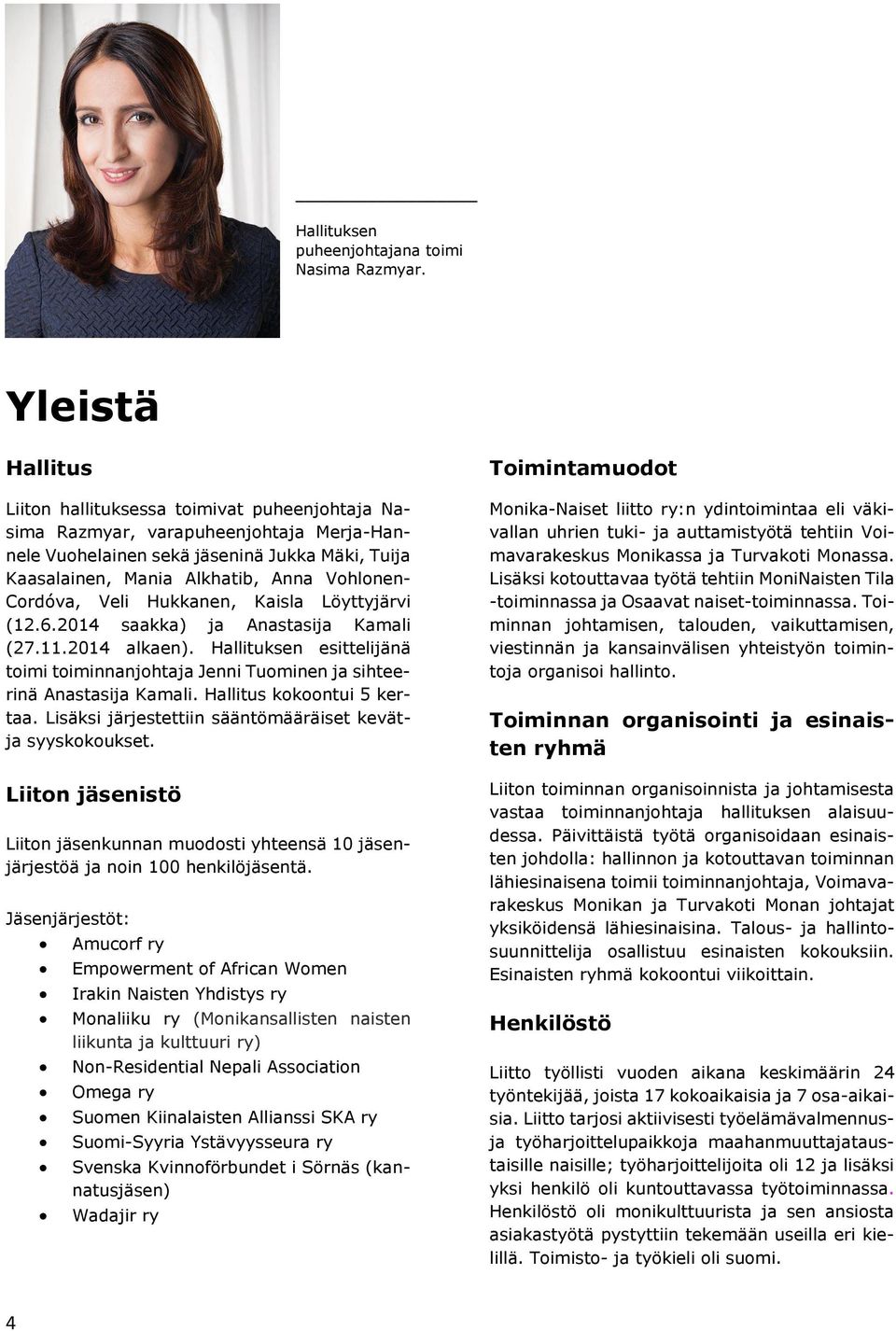 Cordóva, Veli Hukkanen, Kaisla Löyttyjärvi (12.6.2014 saakka) ja Anastasija Kamali (27.11.2014 alkaen). Hallituksen esittelijänä toimi toiminnanjohtaja Jenni Tuominen ja sihteerinä Anastasija Kamali.