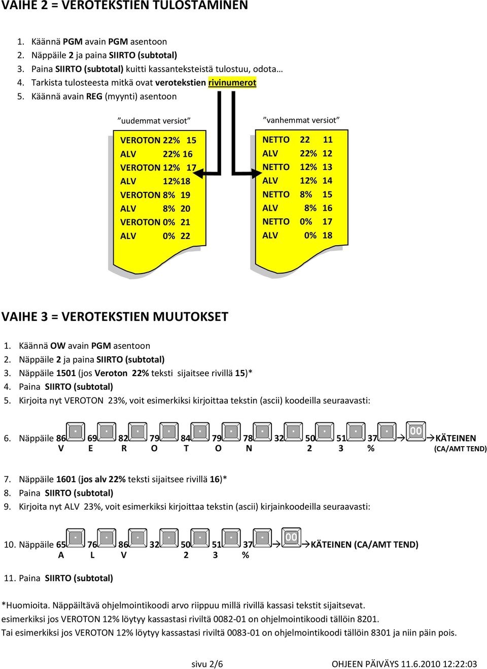 Käännä avain REG (myynti) asentoon uudemmat versiot VEROTON 22% 15 ALV 22% 16 VEROTON 12% 17 ALV 12% 18 VEROTON 8% 19 ALV 8% 20 VEROTON 0% 21 ALV 0% 22 vanhemmat versiot NETTO 22 11 ALV 22% 12 NETTO