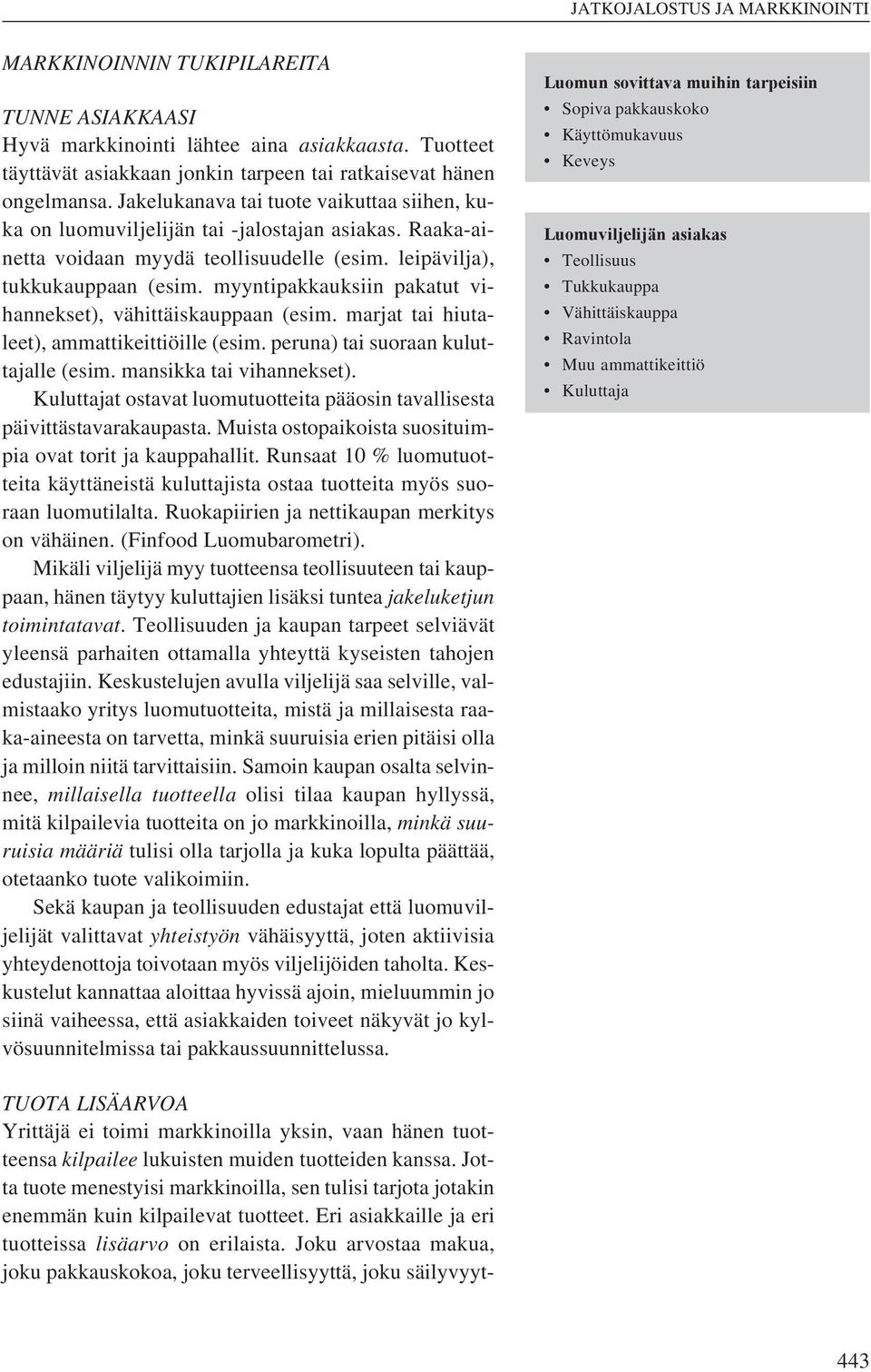 myyntipakkauksiin pakatut vihannekset), vähittäiskauppaan (esim. marjat tai hiutaleet), ammattikeittiöille (esim. peruna) tai suoraan kuluttajalle (esim. mansikka tai vihannekset).