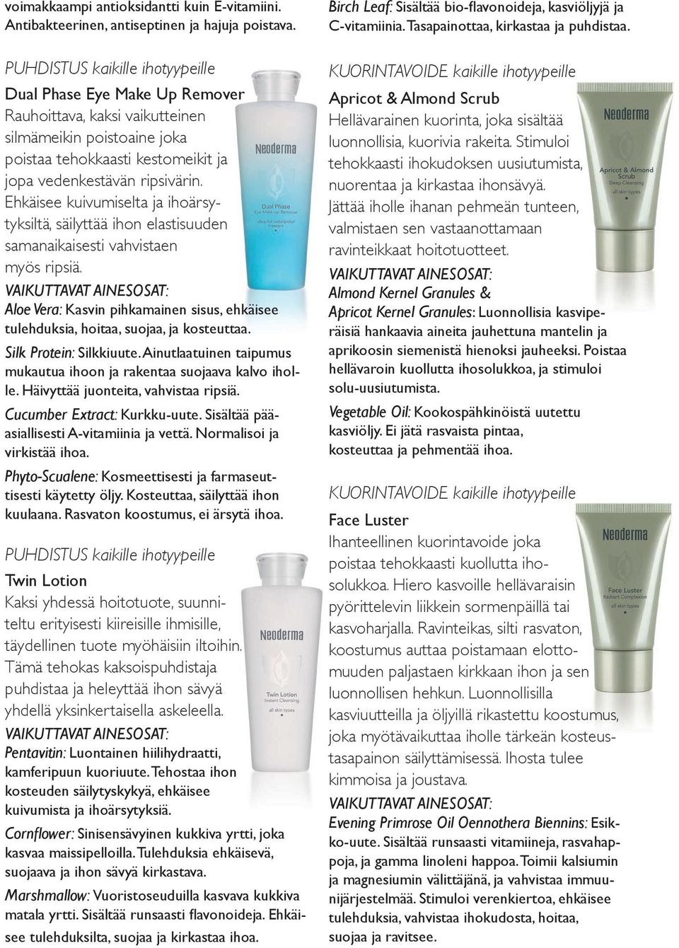 Ehkäisee kuivumiselta ja ihoärsytyksiltä, säilyttää ihon elastisuuden samanaikaisesti vahvistaen myös ripsiä. Aloe Vera: Kasvin pihkamainen sisus, ehkäisee tulehduksia, hoitaa, suojaa, ja kosteuttaa.
