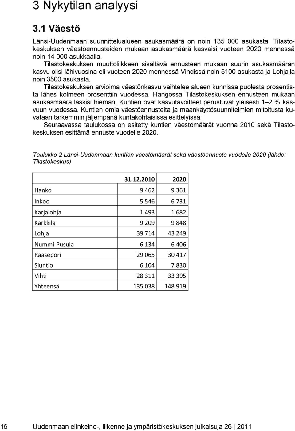 Tilastokeskuksen muuttoliikkeen sisältävä ennusteen mukaan suurin asukasmäärän kasvu olisi lähivuosina eli vuoteen 2020 mennessä Vihdissä noin 5100 asukasta ja Lohjalla noin 3500 asukasta.