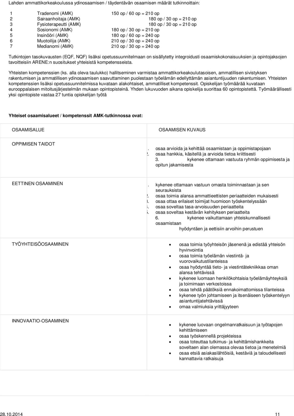 Tutkintojen tasokuvausten (EQF, NQF) lisäksi opetussuunnitelmaan on sisällytetty integroidusti osaamiskokonaisuuksien ja opintojaksojen tavoitteisiin ARENE:n suositukset yhteisistä kompetensseista.
