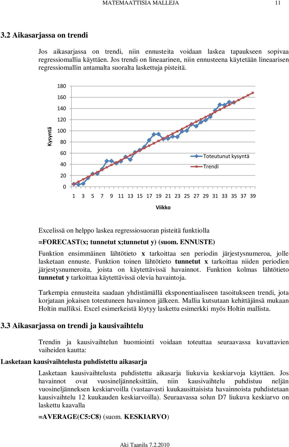 180 160 140 120 100 80 60 40 20 0 Toteutunut kysyntä Trendi 1 3 5 7 9 11 13 15 17 19 21 23 25 27 29 31 33 35 37 39 Viikko Excelissä on helppo laskea regressiosuoran pisteitä funktiolla =FORECAST(x;