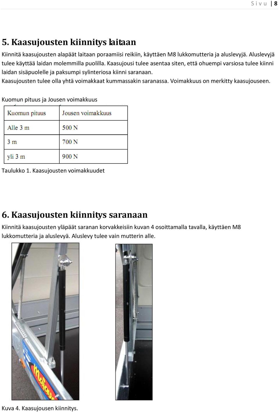 Kaasujousi tulee asentaa siten, että ohuempi varsiosa tulee kiinni laidan sisäpuolelle ja paksumpi sylinteriosa kiinni saranaan.