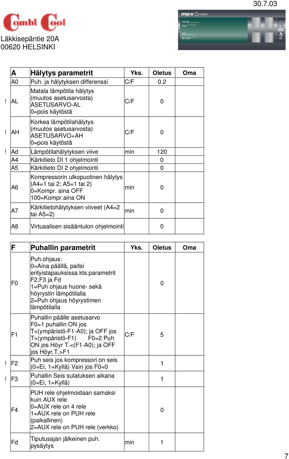 Ad Lämpötilahälytyksen viive min 12 A4 Kärkitieto DI 1 ohjelmointi A5 Kärkitieto DI 2 ohjelmointi A6 A7 Kompressorin ulkopuolinen hälytys (A4=1 tai 2; A5=1 tai 2) =Kompr. aina OFF 1=Kompr.