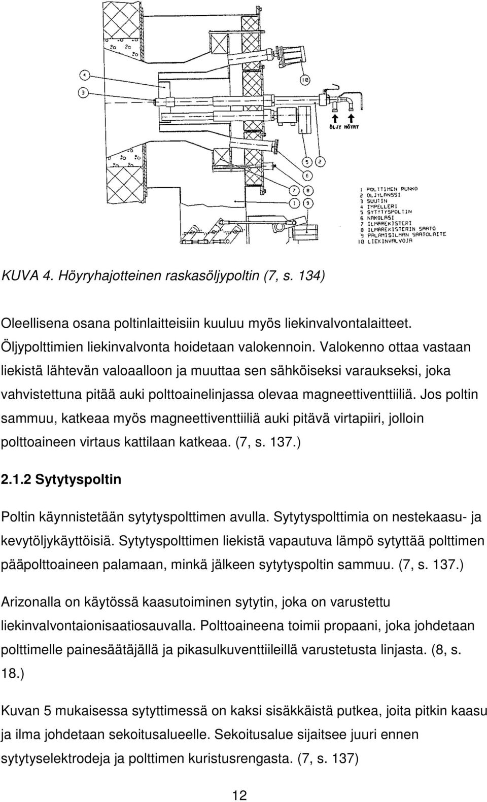 Jos poltin sammuu, katkeaa myös magneettiventtiiliä auki pitävä virtapiiri, jolloin polttoaineen virtaus kattilaan katkeaa. (7, s. 137.) 2.1.2 Sytytyspoltin Poltin käynnistetään sytytyspolttimen avulla.