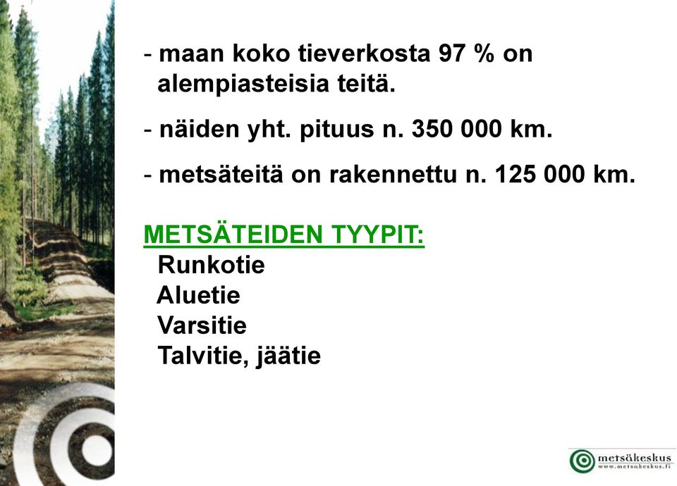 - metsäteitä on rakennettu n. 125 000 km.