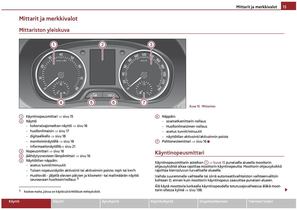 nopeusnäytön aktivointi tai aktivoinnin poisto: mph tai km/h Huoltoväli - jäljellä olevien päivien ja kilometri- tai mailimäärän näyttö seuraavaan huoltoon/nollaus 1) 1) Koskee maita, joissa on