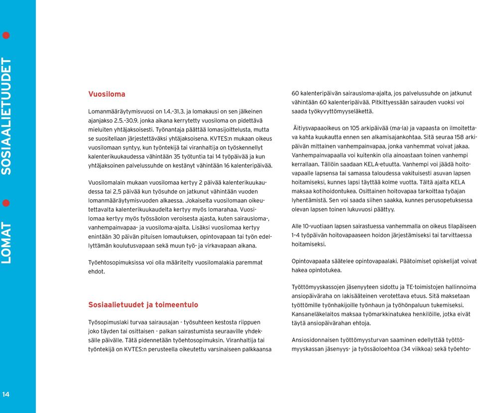 KVTES:n mukaan oikeus vuosilomaan syntyy, kun työntekijä tai viranhaltija on työskennellyt kalenterikuukaudessa vähintään 35 työtuntia tai 14 työpäivää ja kun yhtäjaksoinen palvelussuhde on kestänyt