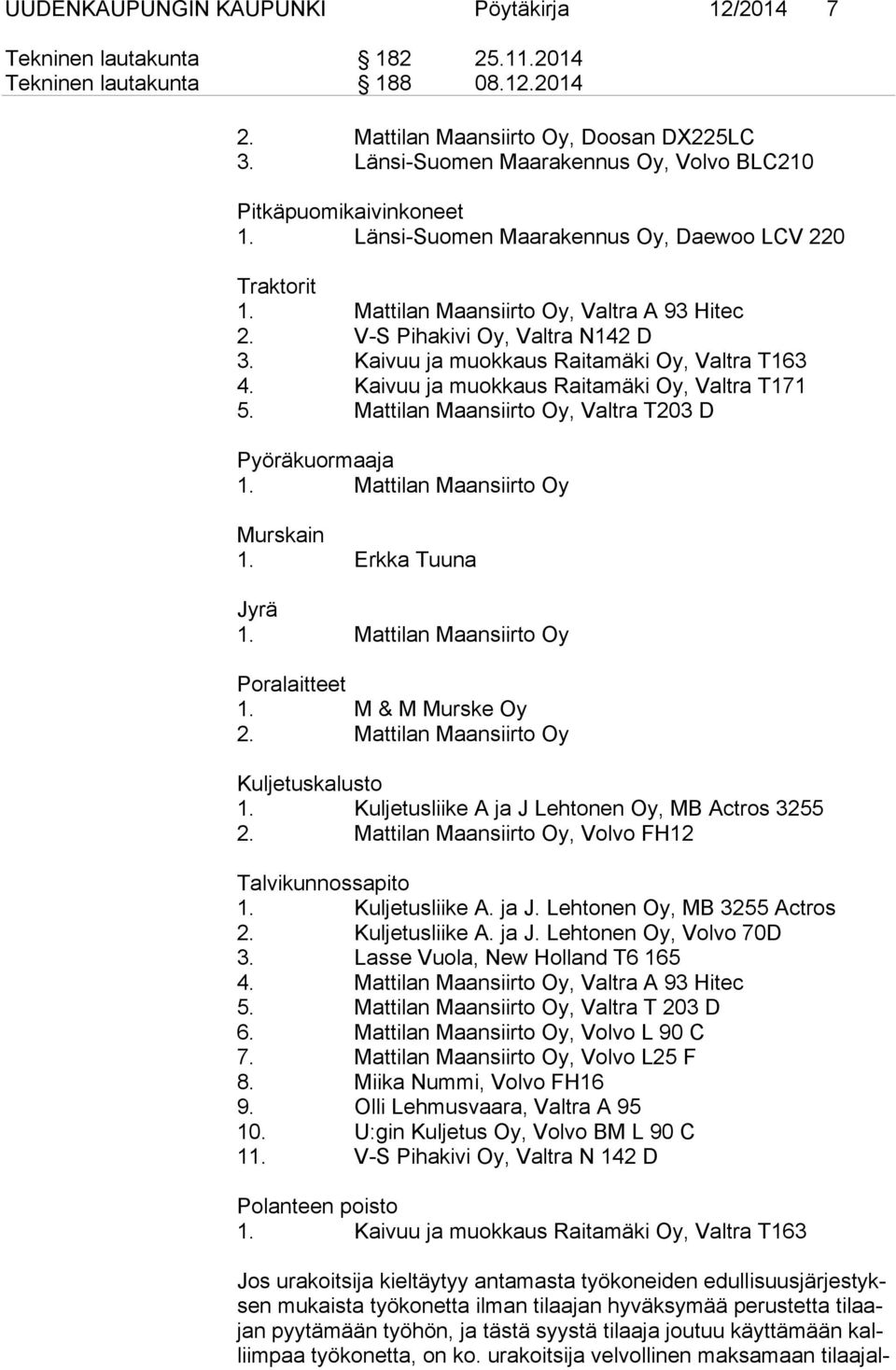 V-S Pihakivi Oy, Valtra N142 D 3. Kaivuu ja muokkaus Raitamäki Oy, Valtra T163 4. Kaivuu ja muokkaus Raitamäki Oy, Valtra T171 5. Mattilan Maansiirto Oy, Valtra T203 D Pyöräkuormaaja 1.