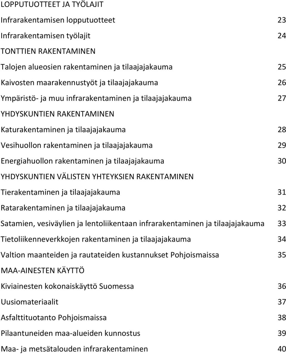 rakentaminen ja tilaajajakauma 30 YHDYSKUNTIEN VÄLISTEN YHTEYKSIEN RAKENTAMINEN Tierakentaminen ja tilaajajakauma 31 Ratarakentaminen ja tilaajajakauma 32 Satamien, vesiväylien ja lentoliikentaan