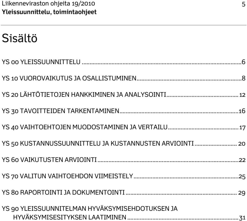 .. 16 YS 40 VAIHTOEHTOJEN MUODOSTAMINEN JA VERTAILU... 17 YS 50 KUSTANNUSSUUNNITTELU JA KUSTANNUSTEN ARVIOINTI.