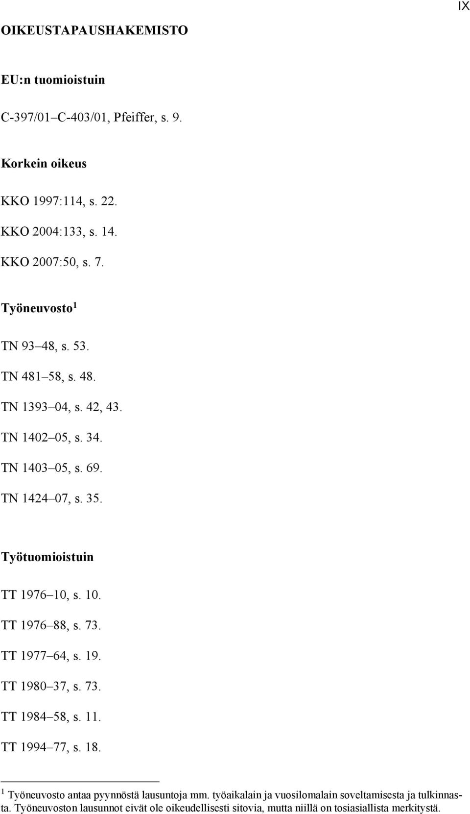 Työtuomioistuin TT 1976 10, s. 10. TT 1976 88, s. 73. TT 1977 64, s. 19. TT 1980 37, s. 73. TT 1984 58, s. 11. TT 1994 77, s. 18.