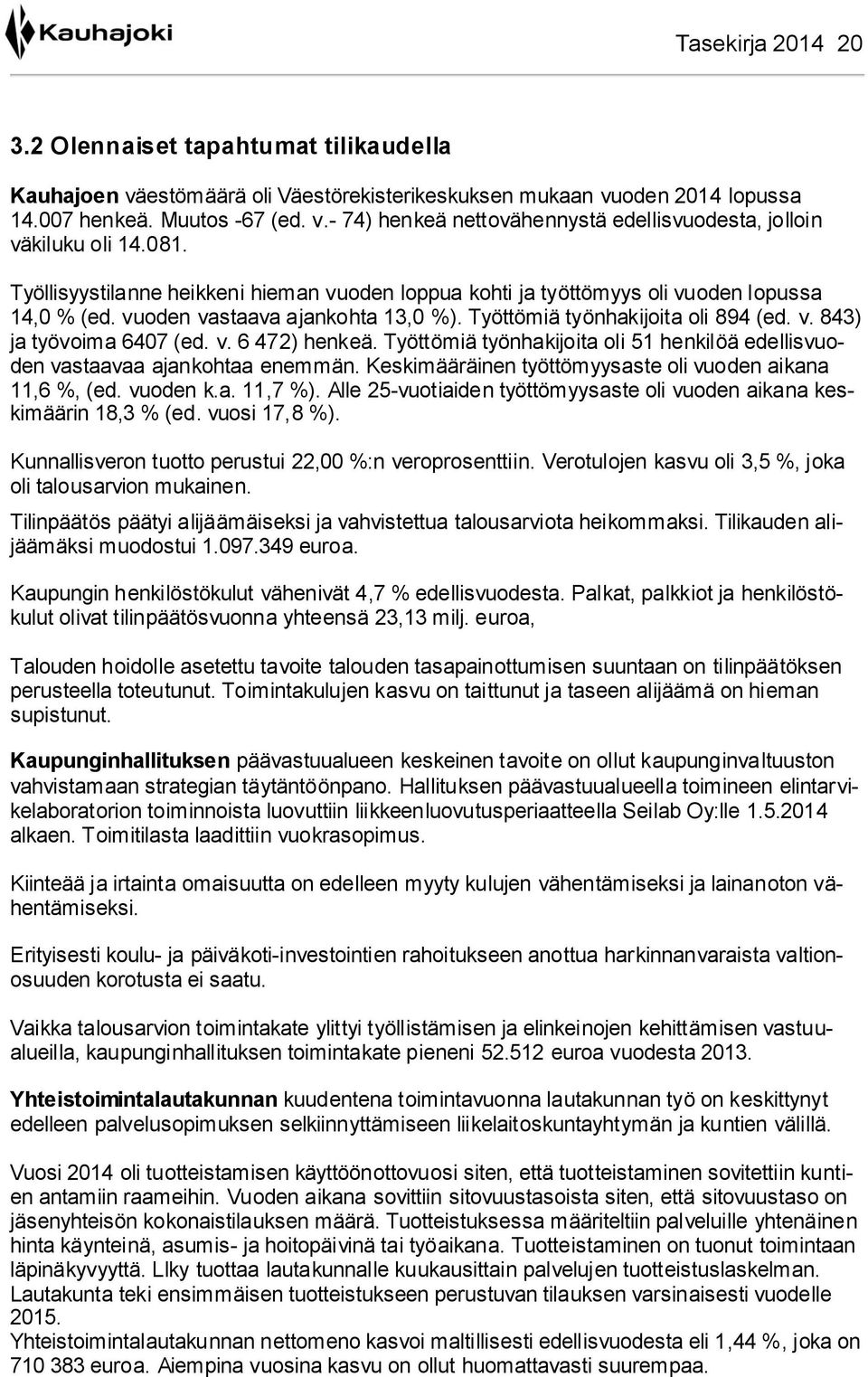 v. 6 472) henkeä. Työttömiä työnhakijoita oli 51 henkilöä edellisvuoden vastaavaa ajankohtaa enemmän. Keskimääräinen työttömyysaste oli vuoden aikana 11,6 %, (ed. vuoden k.a. 11,7 %).