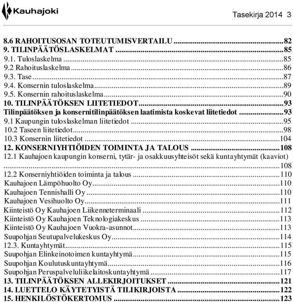 3 Konsernin liitetiedot...104 12. KONSERNIYHTIÖIDEN TOIMINTA JA TALOUS... 108 12.1 Kauhajoen kaupungin konserni, tytär- ja osakkuusyhteisöt sekä kuntayhtymät (kaaviot)... 108 12.2 Konserniyhtiöiden toiminta ja talous.