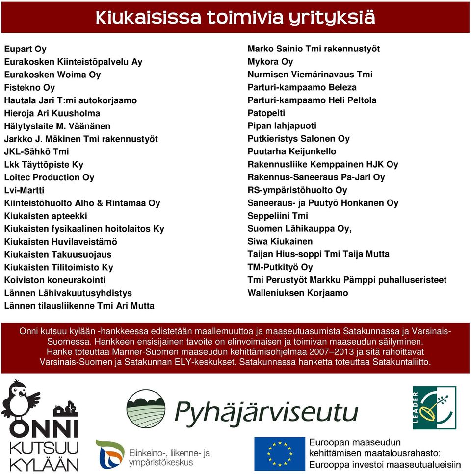 Huvilaveistämö Kiukaisten Takuusuojaus Kiukaisten Tilitoimisto Ky Koiviston koneurakointi Lännen Lähivakuutusyhdistys Lännen tilausliikenne Tmi Ari Mutta Marko Sainio Tmi rakennustyöt Mykora Oy