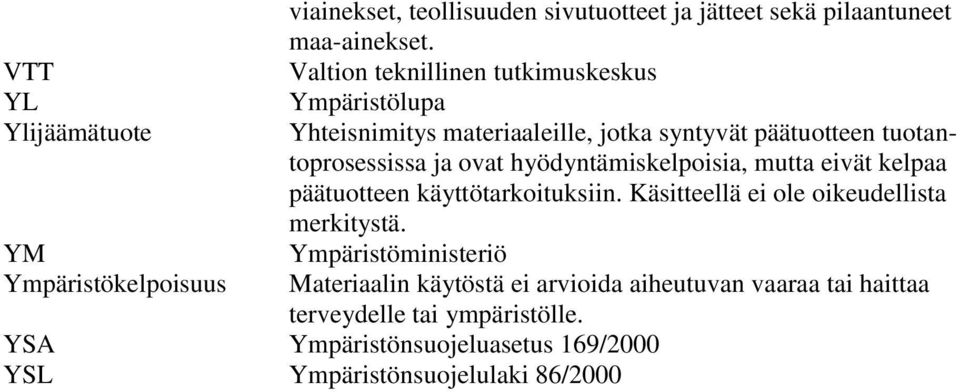 hyödyntämiskelpoisia, mutta eivät kelpaa päätuotteen käyttötarkoituksiin. Käsitteellä ei ole oikeudellista merkitystä.