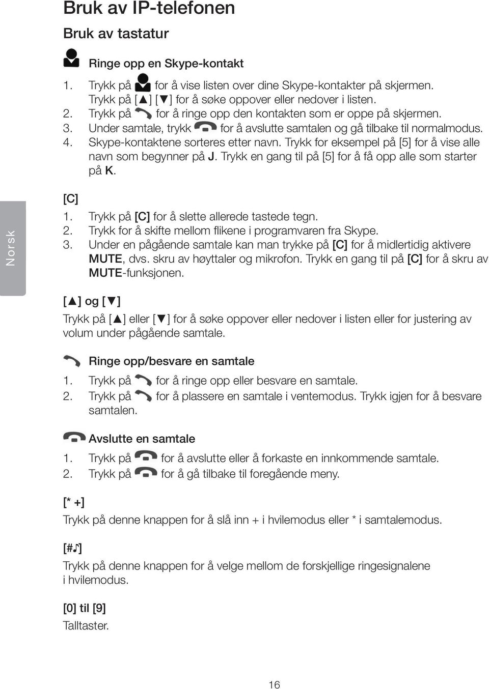 Trykk for eksempel på [5] for å vise alle navn som begynner på J. Trykk en gang til på [5] for å få opp alle som starter på K. Norsk [C] 1. Trykk på [C] for å slette allerede tastede tegn. 2.