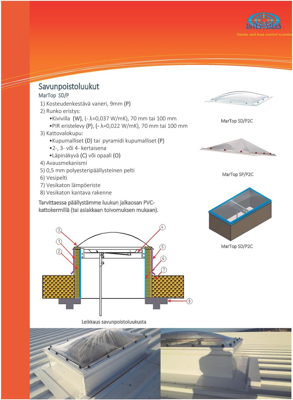 opaali (O) 4) Avausmekanismi 5) 0,5 mm polyesteripäällysteinen pelti 6) Vesipelti 7) Vesikaton lämpöeriste 8) Vesikaton kantava rakenne MarTop SD/P2C