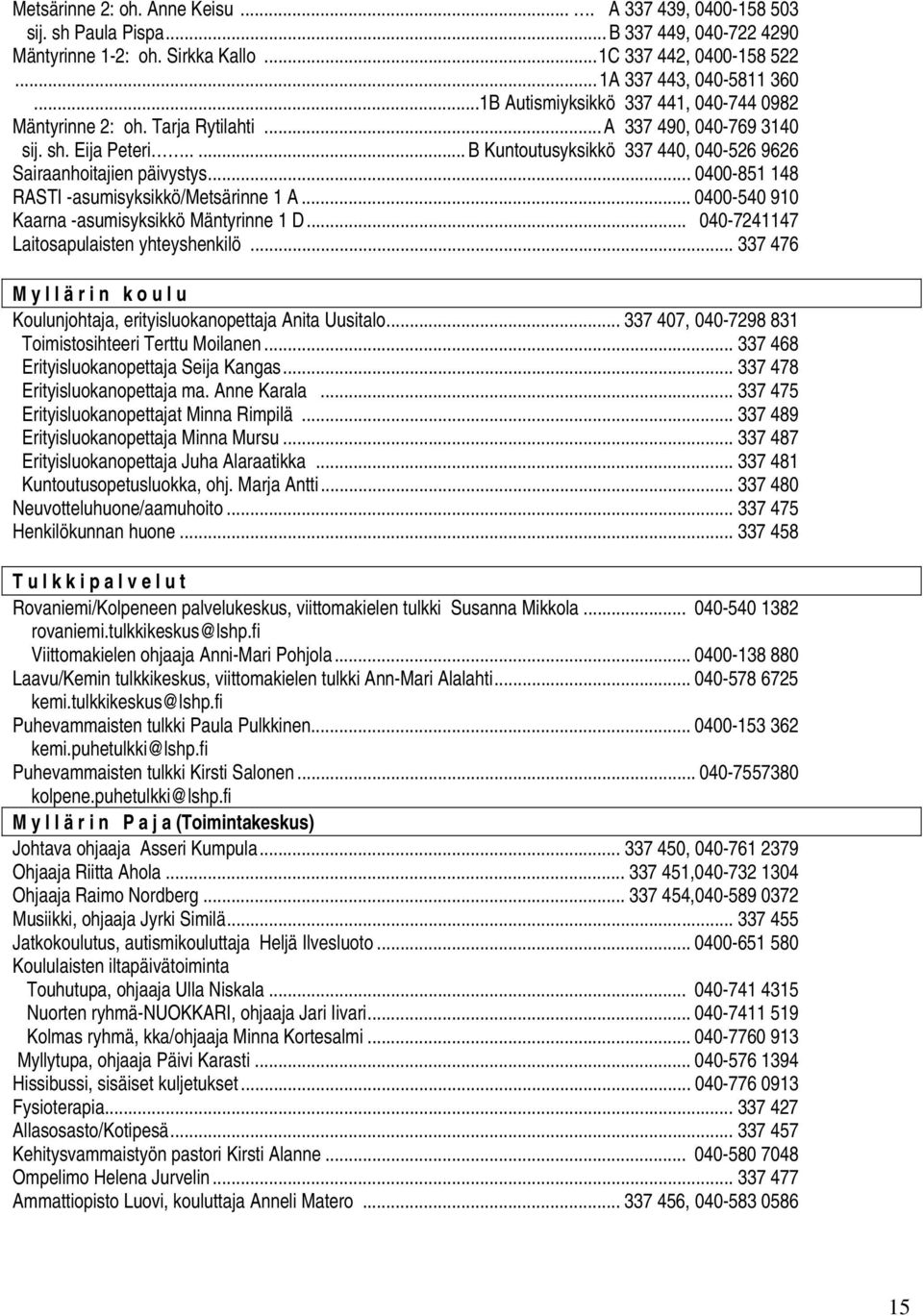 .. 0400-851 148 RASTI -asumisyksikkö/metsärinne 1 A... 0400-540 910 Kaarna -asumisyksikkö Mäntyrinne 1 D... 040-7241147 Laitosapulaisten yhteyshenkilö.