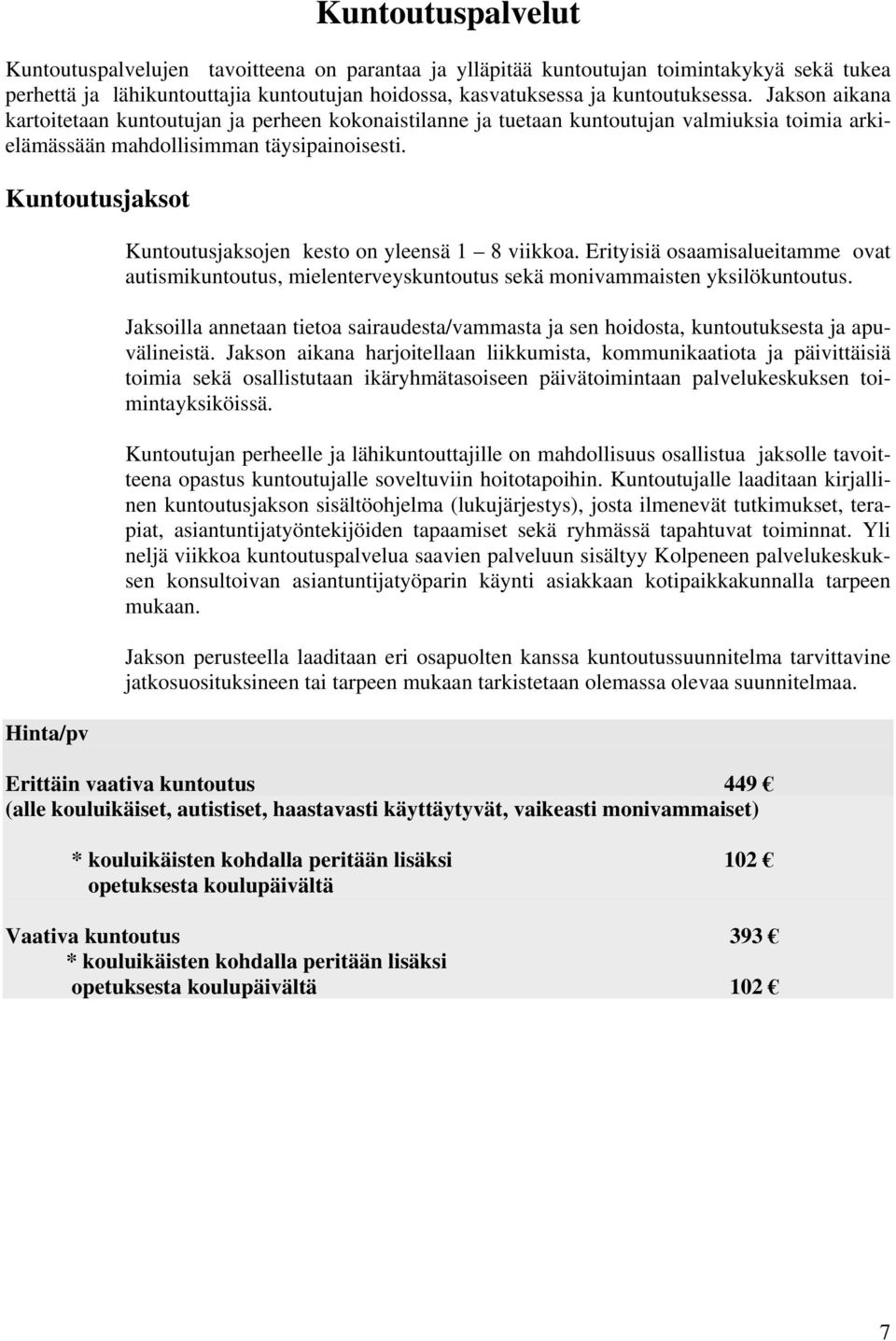 Kuntoutusjaksot Hinta/pv Kuntoutusjaksojen kesto on yleensä 1 8 viikkoa. Erityisiä osaamisalueitamme ovat autismikuntoutus, mielenterveyskuntoutus sekä monivammaisten yksilökuntoutus.