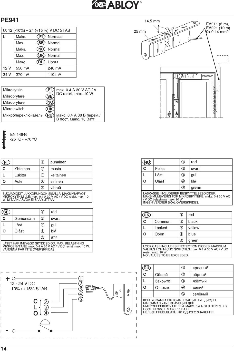 / Â ïîñò. ìàêñ. 10 Âàòò EN 14846 - C - +70 C FI punainen C Yhteinen musta L Lukittu keltainen O Auki sininen vihreä SUOJADIODIT LUKKORUNGON SISÄLLÄ. MAKSIMIARVOT MIKROKYTKIMILLE: max. 0.