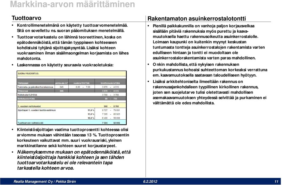 asuinkerrostalolle. epätodennäköistä, että tämän tyyppiseen kohteeseen kohdistuisi tyhjänä sijoittajakysyntää. Lisäksi kohteen vuokraaminen ilman sisäilmaongelman korjaamista on lähes mahdotonta.