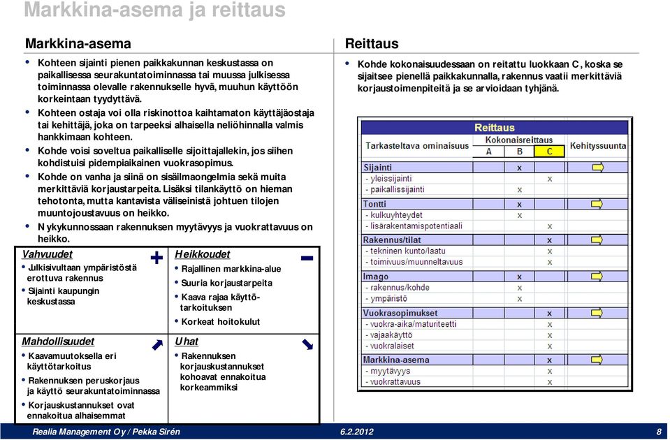 Kohde voisi soveltua paikalliselle sijoittajallekin, jos siihen kohdistuisi pidempiaikainen vuokrasopimus. Kohde on vanha ja siinä on sisäilmaongelmia sekä muita merkittäviä korjaustarpeita.