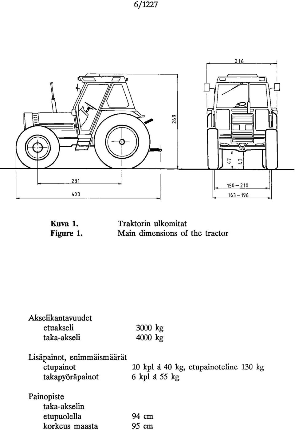 taka-akseli 3000 kg 4000 kg Lisäpainot, enimmäismäärät etupainot takapyöräpainot