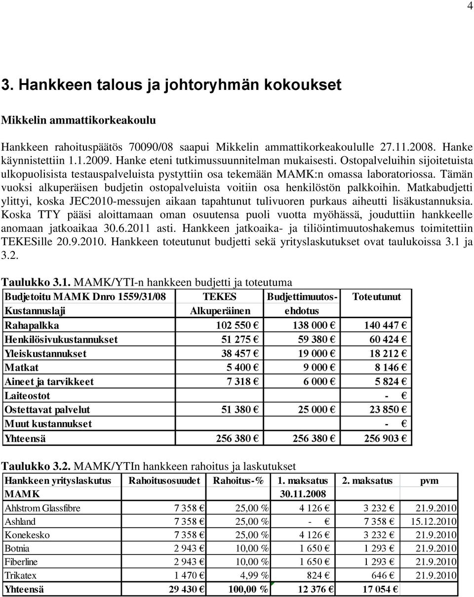 Tämän vuoksi alkuperäisen budjetin ostopalveluista voitiin osa henkilöstön palkkoihin. Matkabudjetti ylittyi, koska JEC2010-messujen aikaan tapahtunut tulivuoren purkaus aiheutti lisäkustannuksia.