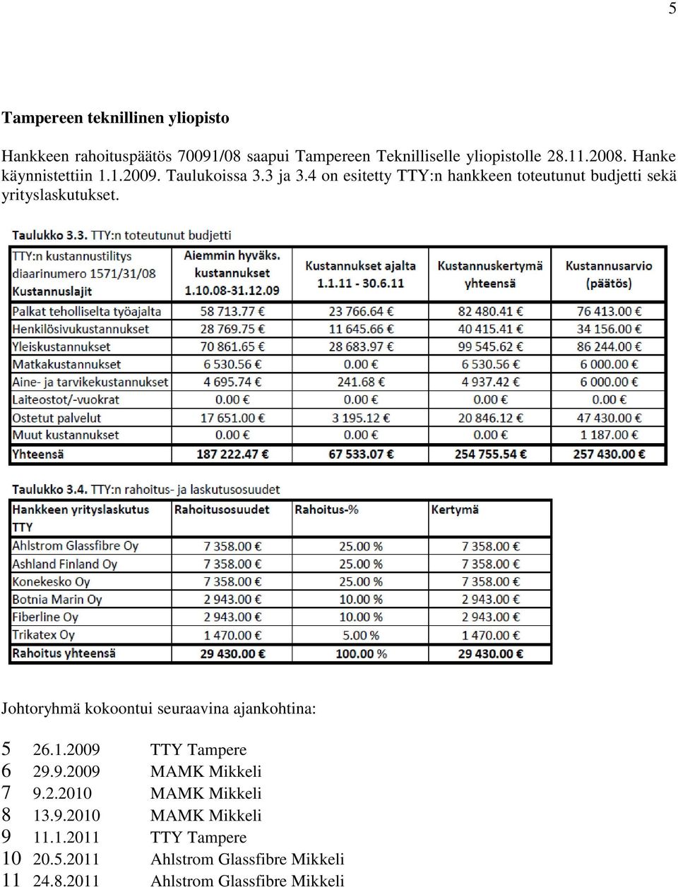 Johtoryhmä kokoontui seuraavina ajankohtina: 5 26.1.2009 TTY Tampere 6 29.9.2009 MAMK Mikkeli 7 9.2.2010 MAMK Mikkeli 8 13.