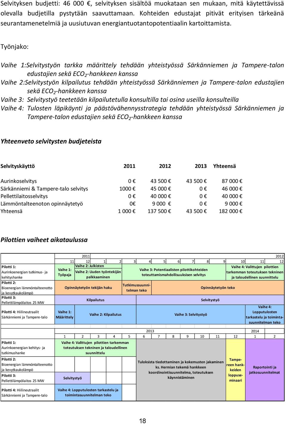 Työnjako: Vaihe 1:Selvitystyön tarkka määrittely tehdään yhteistyössä Särkänniemen ja Tampere-talon edustajien sekä ECO 2 -hankkeen kanssa Vaihe 2:Selvitystyön kilpailutus tehdään yhteistyössä