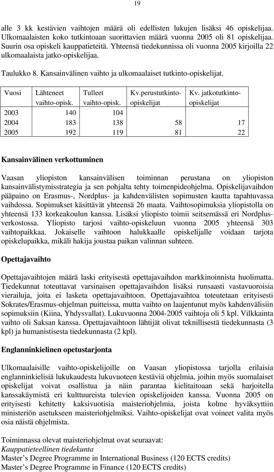 Vuosi Lähteneet Tulleet Kv.perustutkinto- Kv. jatkotutkintovaihto-opisk. vaihto-opisk.