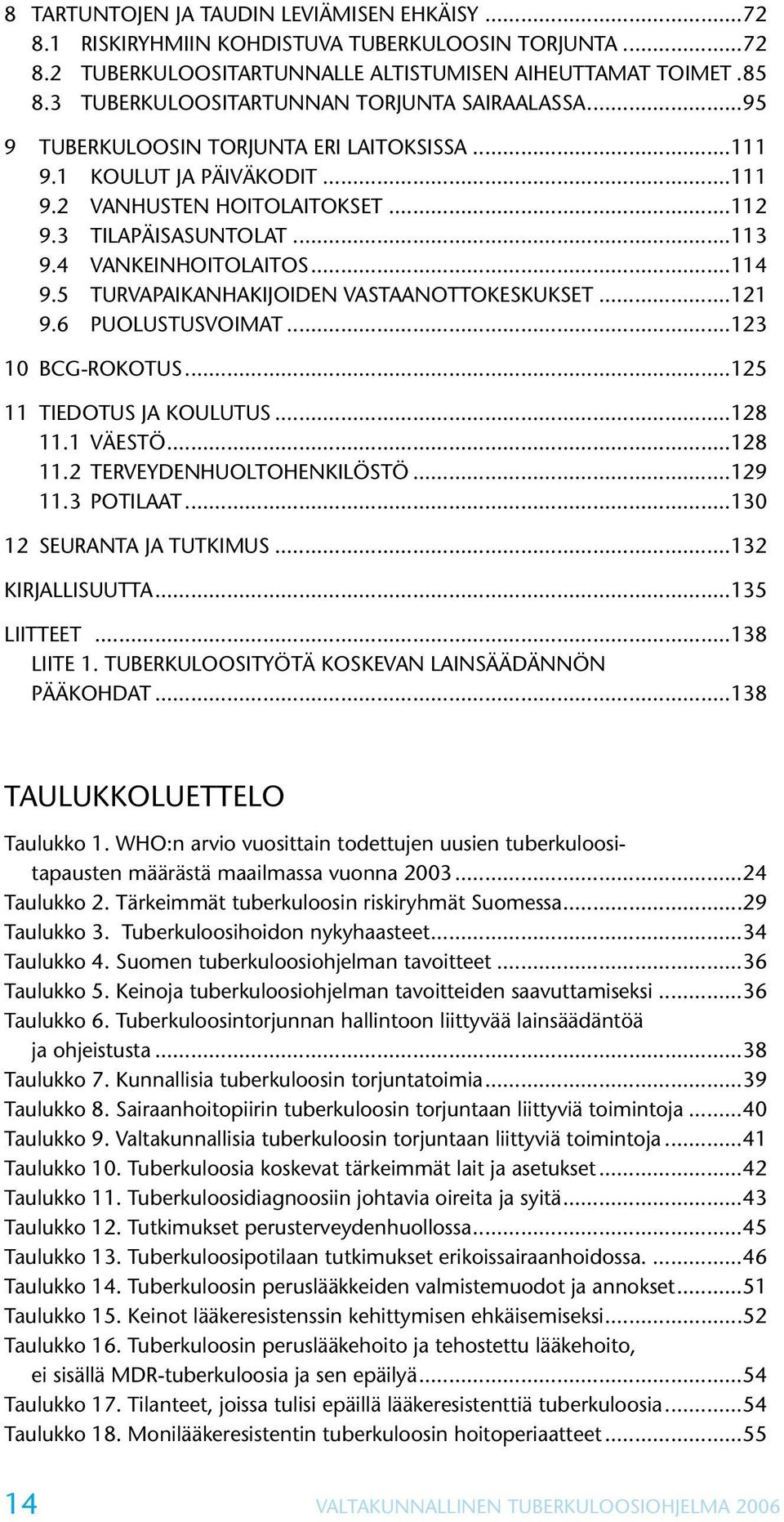 4 VANKEINHOITOLAITOS...114 9.5 TURVAPAIKANHAKIJOIDEN VASTAANOTTOKESKUKSET...121 9.6 PUOLUSTUSVOIMAT...123 10 BCG-ROKOTUS...125 11 TIEDOTUS JA KOULUTUS...128 11.1 VÄESTÖ...128 11.2 TERVEYDENHUOLTOHENKILÖSTÖ.