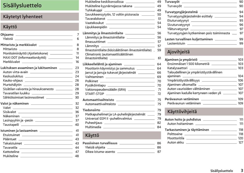 Valot 32 Sisvalot 36 Nkeminen 37 Lasinpyyhin ja -pesin 37 Taustapeili 40 Istuminen ja lastaaminen 41 Etuistuimet 41 Pntuet 43 Takaistuimet 43 Tavaratila 44 Kattoteline 47 Mukiteline 48 Mukiteline