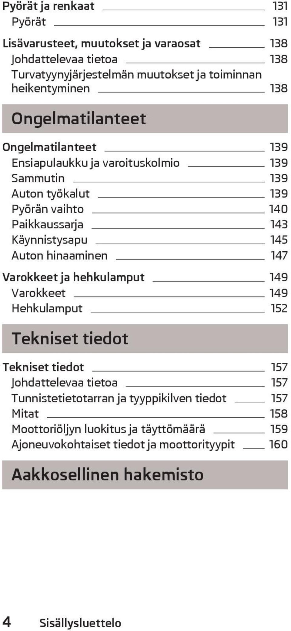 Auton hinaaminen 147 Varokkeet ja hehkulamput 149 Varokkeet 149 Hehkulamput 152 Tekniset tiedot Tekniset tiedot 157 Johdattelevaa tietoa 157