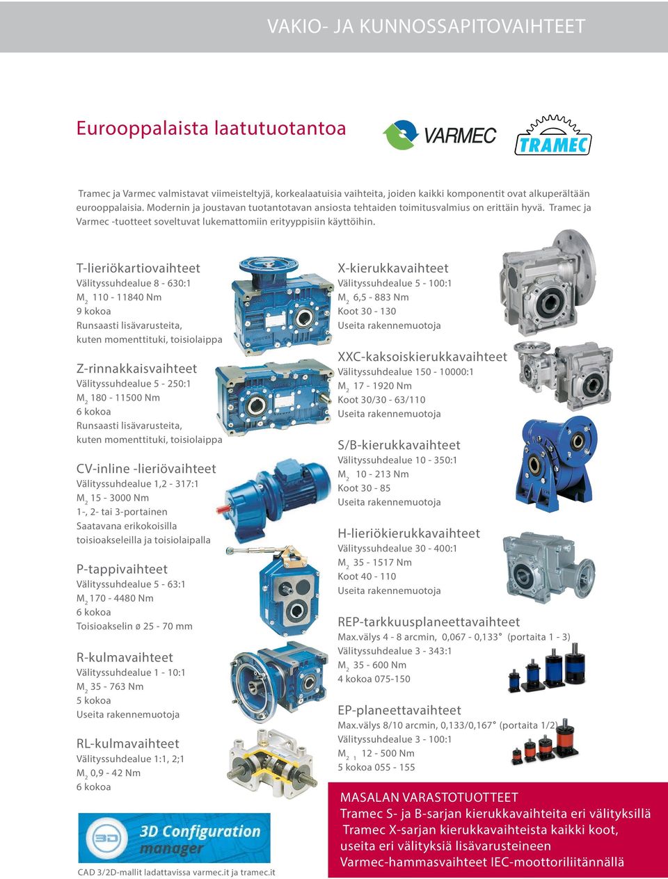 T-lieriökartiovaihteet Välityssuhdealue 8-630:1 110-11840 Nm 9 kokoa Runsaasti lisävarusteita, kuten momenttituki, toisiolaippa Z-rinnakkaisvaihteet Välityssuhdealue 5-250:1 180-11500 Nm 6 kokoa