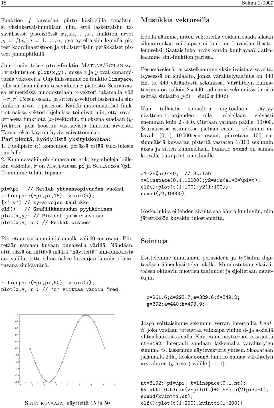 Peruskutsu on plot(x,y), missä x ja y ovat samanpituisia vektoreita. Ohjelmissamme on funktio linspace, jolla saadaan aikaan tasavälinen x-pisteistö.