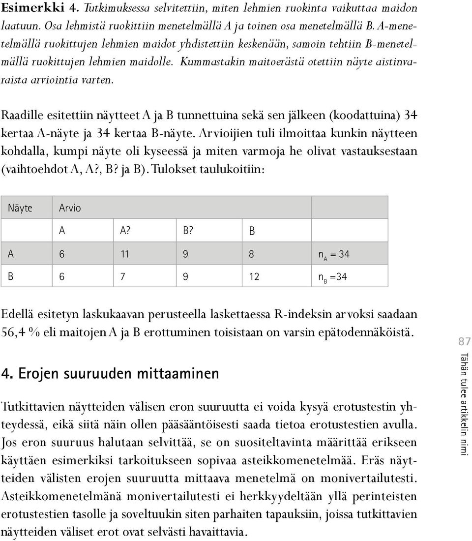 Raadille esitettiin näytteet A ja B tunnettuina sekä sen jälkeen (koodattuina) 34 kertaa A-näyte ja 34 kertaa B-näyte.