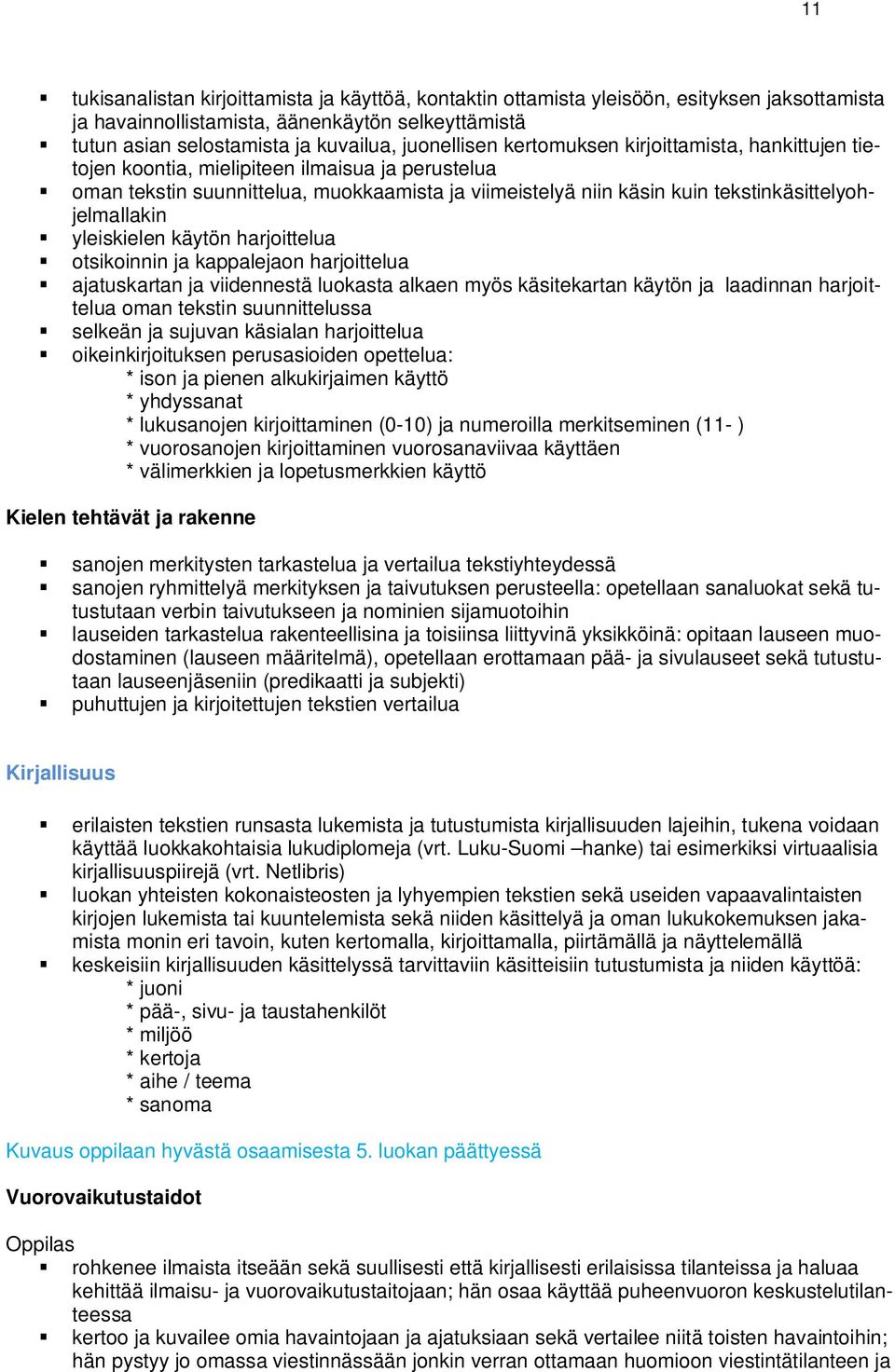 yleiskielen käytön harjoittelua otsikoinnin ja kappalejaon harjoittelua ajatuskartan ja viidennestä luokasta alkaen myös käsitekartan käytön ja laadinnan harjoittelua oman tekstin suunnittelussa