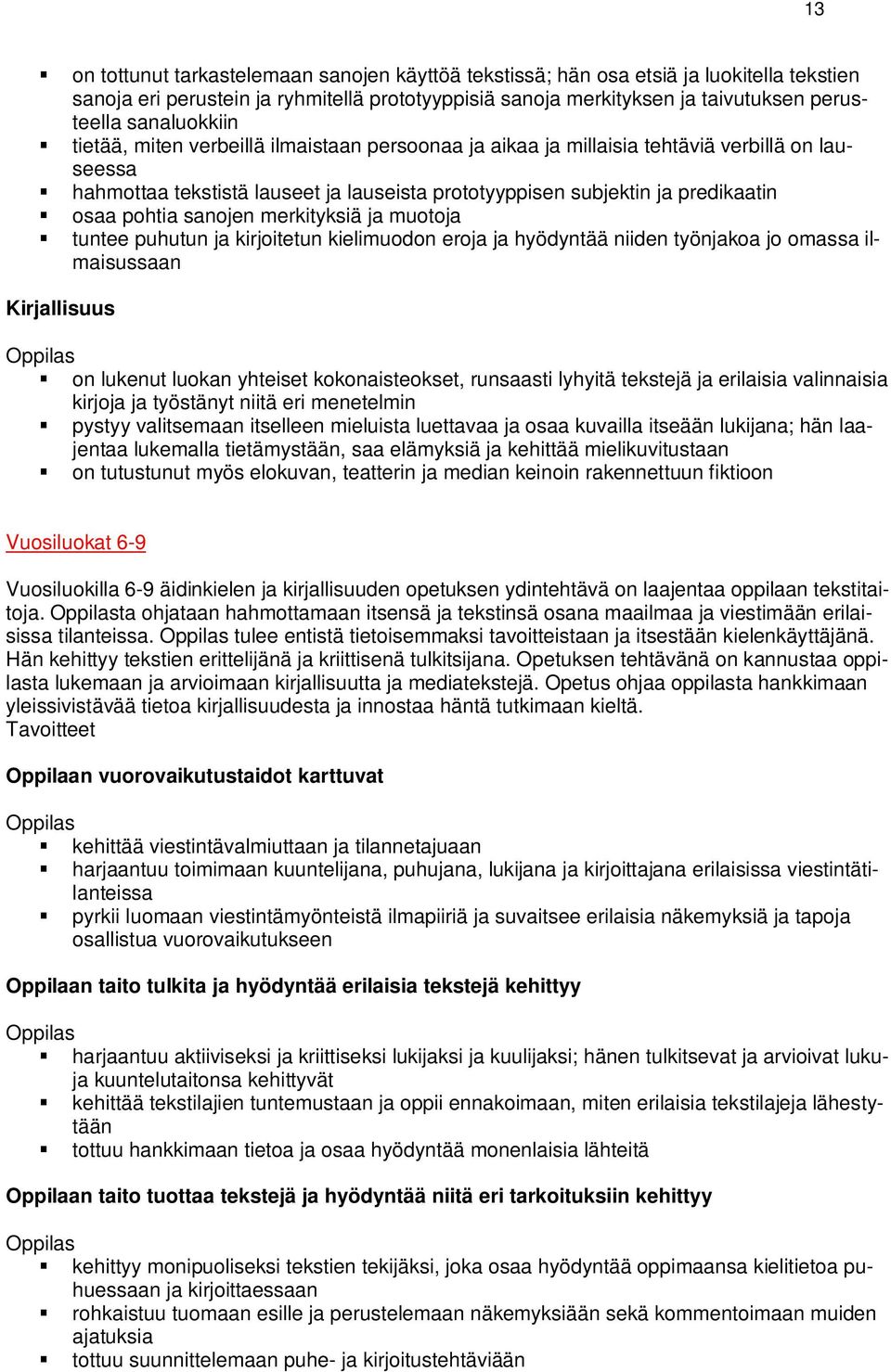 pohtia sanojen merkityksiä ja muotoja tuntee puhutun ja kirjoitetun kielimuodon eroja ja hyödyntää niiden työnjakoa jo omassa ilmaisussaan Kirjallisuus Oppilas on lukenut luokan yhteiset