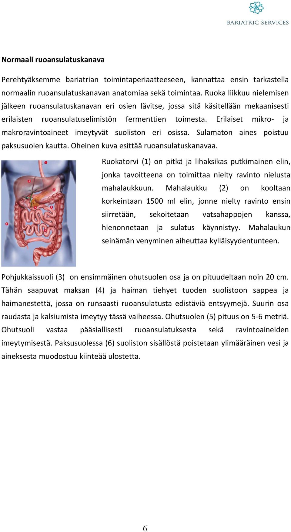 Erilaiset mikro- ja makroravintoaineet imeytyvät suoliston eri osissa. Sulamaton aines poistuu paksusuolen kautta. Oheinen kuva esittää ruoansulatuskanavaa.