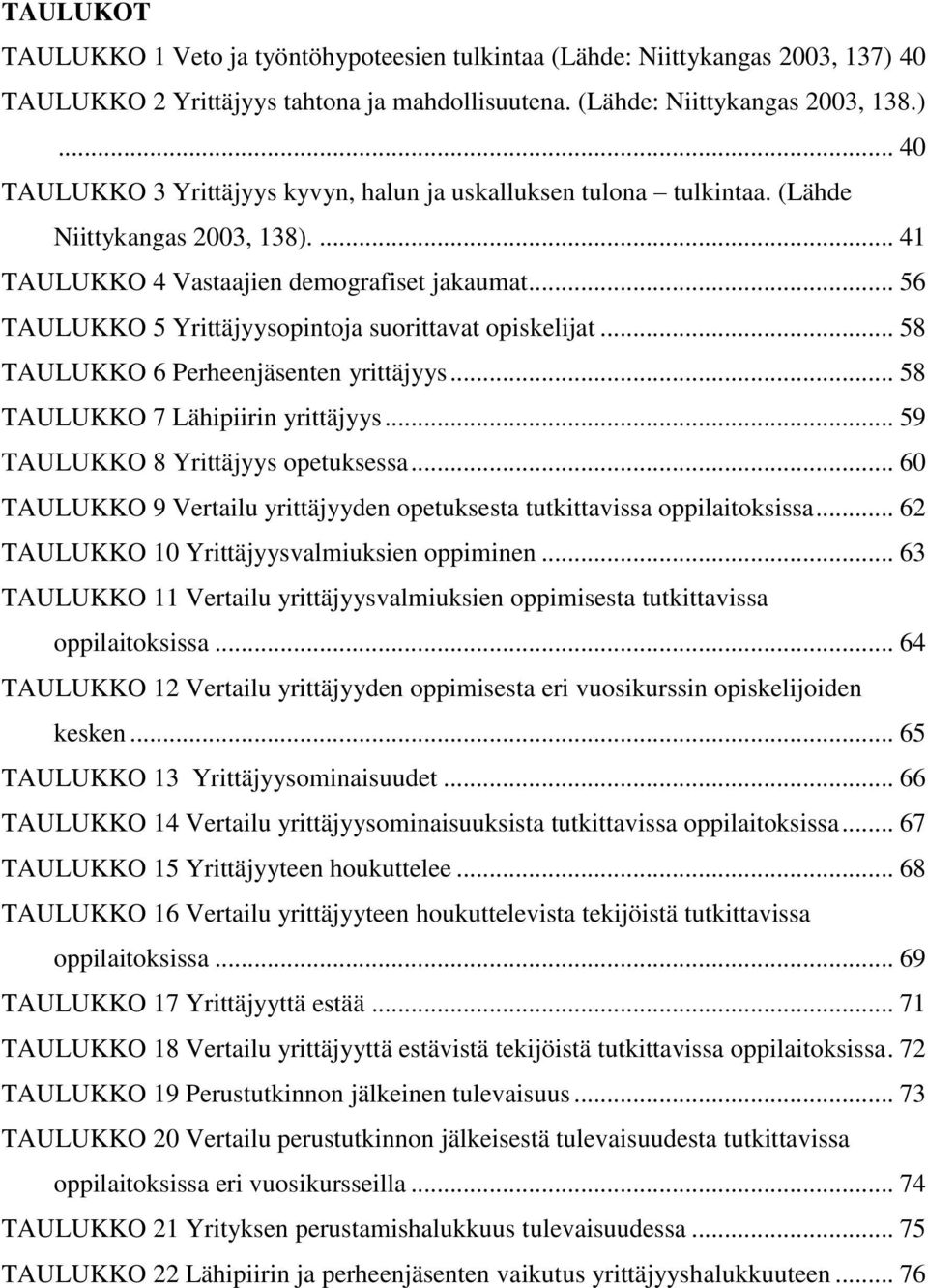 .. 58 TAULUKKO 7 Lähipiirin yrittäjyys... 59 TAULUKKO 8 Yrittäjyys opetuksessa... 60 TAULUKKO 9 Vertailu yrittäjyyden opetuksesta tutkittavissa oppilaitoksissa.