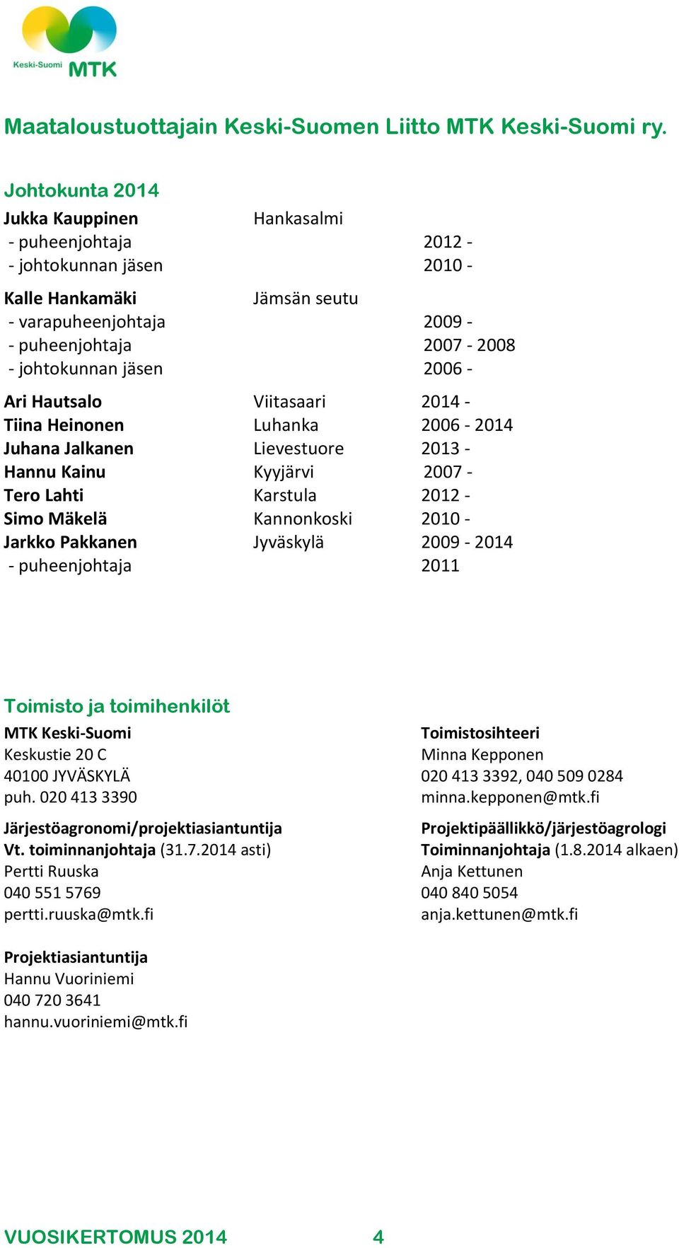 - Ari Hautsalo Viitasaari 2014 - Tiina Heinonen Luhanka 2006-2014 Juhana Jalkanen Lievestuore 2013 - Hannu Kainu Kyyjärvi 2007 - Tero Lahti Karstula 2012 - Simo Mäkelä Kannonkoski 2010 - Jarkko