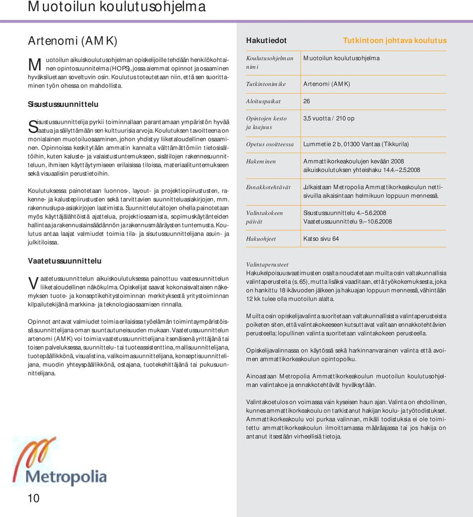 Koulutusohjelman Tutkintoke Muotoilun koulutusohjelma Artenomi (AMK) Tutkintoon johtava koulutus Sisustussuunnittelu Sisustussuunnittelija pyrkii toiminnallaan parantamaan ympäristön hyvää laatua ja