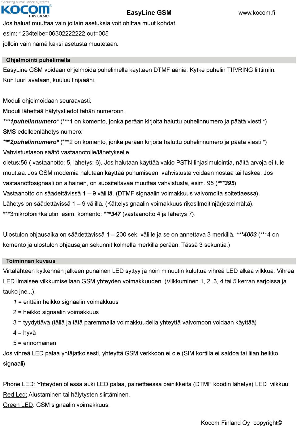 Moduli ohjelmoidaan seuraavasti: Moduli lähettää hälytystiedot tähän numeroon.