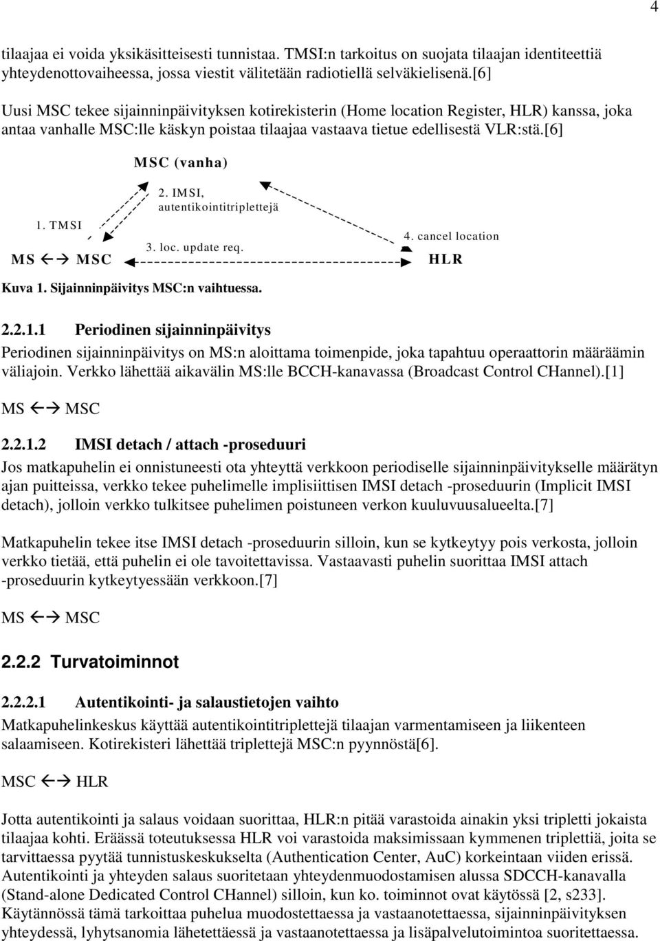 TMSI MS MSC 2. IMSI, autentikointitriplettejä 3. loc. update req. 4. cancel location HLR Kuva 1.