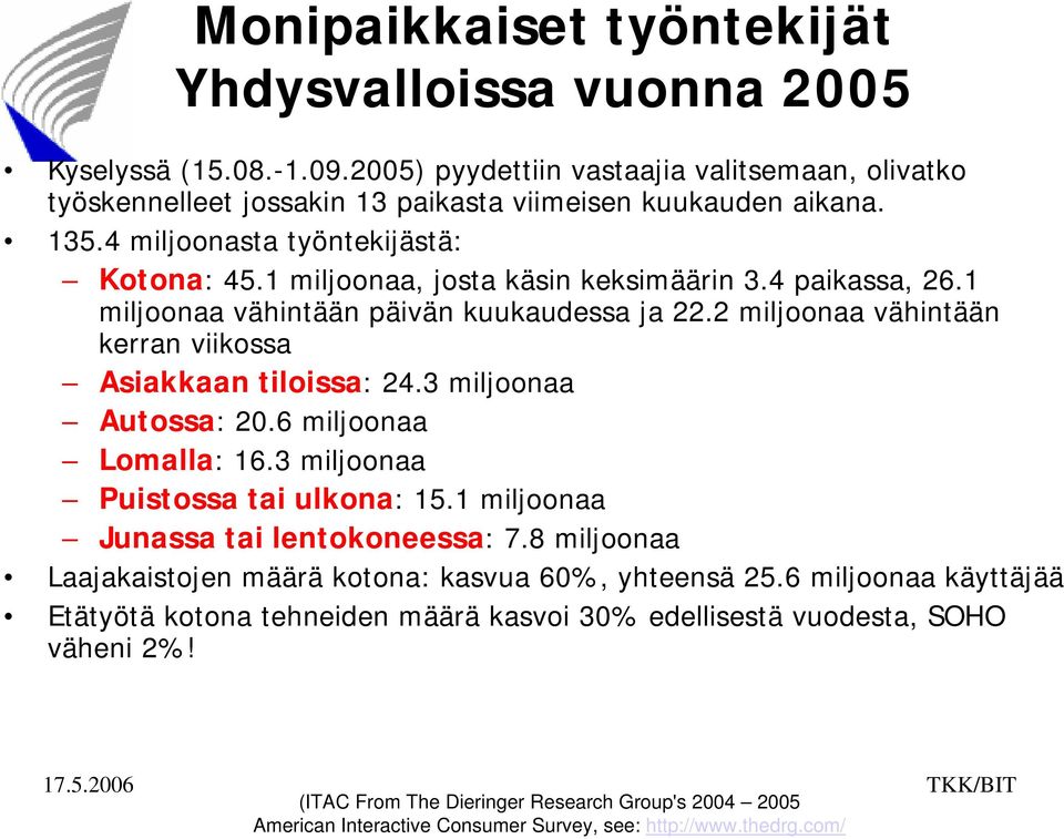 2 miljoonaa vähintään kerran viikossa Asiakkaan tiloissa: 24.3 miljoonaa Autossa: 20.6 miljoonaa Lomalla: 16.3 miljoonaa Puistossa tai ulkona: 15.1 miljoonaa Junassa tai lentokoneessa: 7.